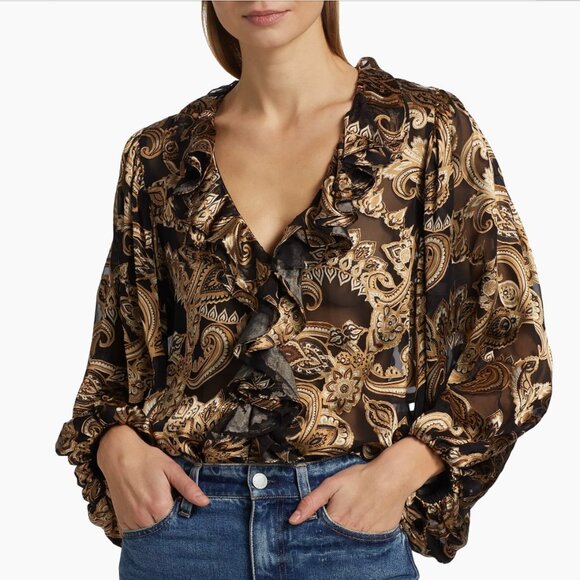 ALICE + OLIVIA Betsie Paisley Balloon-Sleeve Silk Blouse Size XS - Picture 1 of 9
